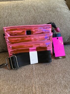 THINK ROYLN Pink Metallic Mirror Crossbody Bag with Black Strap